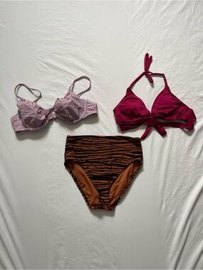 Mismatched Bikini Swim Bundle set. Striped top, Maroon top, Orange Zebra bottoms